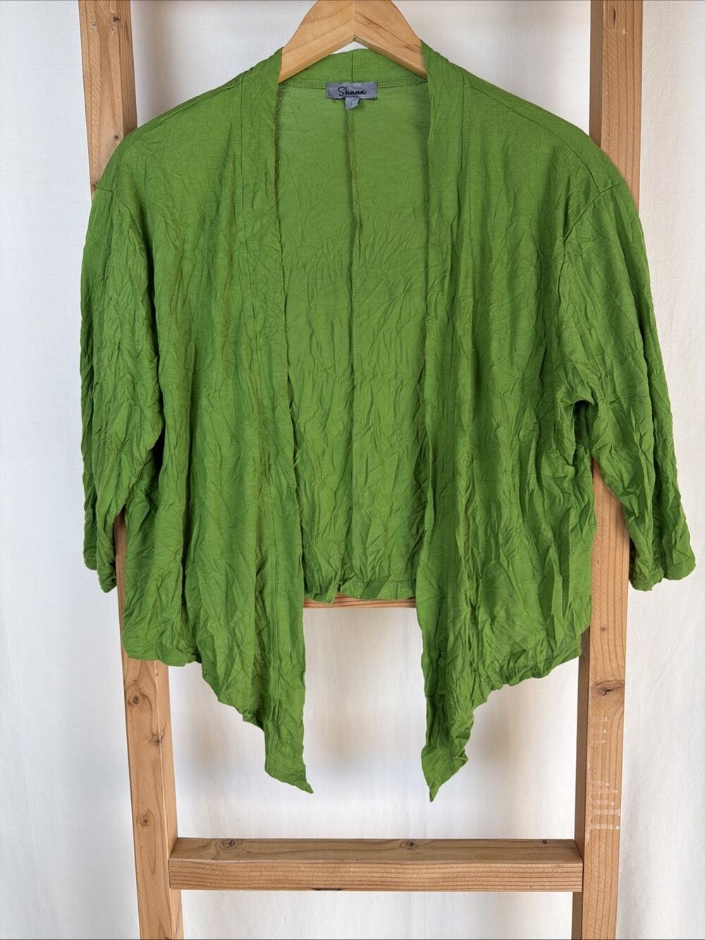 NWT Shana Green 3/4 Sleeve Tied Hem Crinkle Open Cropped Cardigan #0923 Size LG